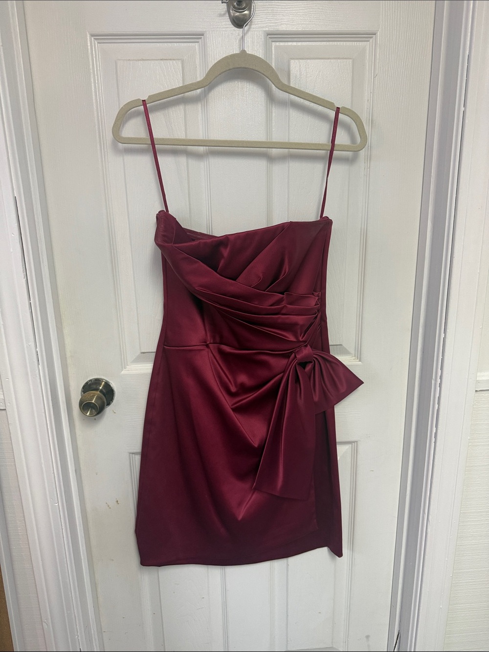 White House Black Market Burgundy Satin Mini Dress with Side Bow
